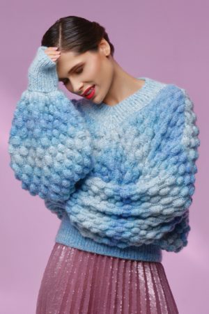 Объемный голубой джемпер ручной вязки из 100% шерсти, фото 2